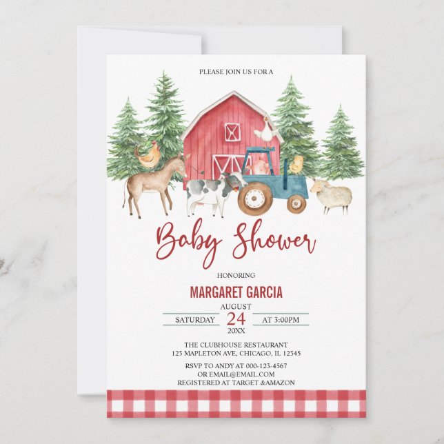 Red Greenery Barnyard Farm Animals Baby Shower Invitation (Front)