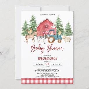 Red Greenery Barnyard Farm Animals Baby Shower Invitation