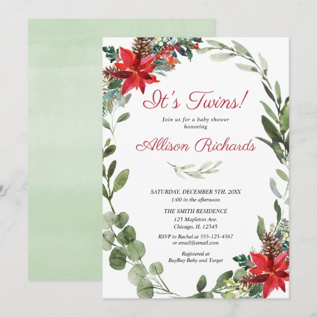 Red greenery Christmas floral Twins baby shower Invitation (Front/Back)
