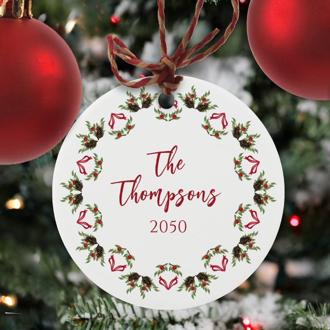 Red Greenery Christmas Photo Ceramic Tree Decoration (Christmas greenery, pine cones, and holly berries mandala custom ceramic ornament. )