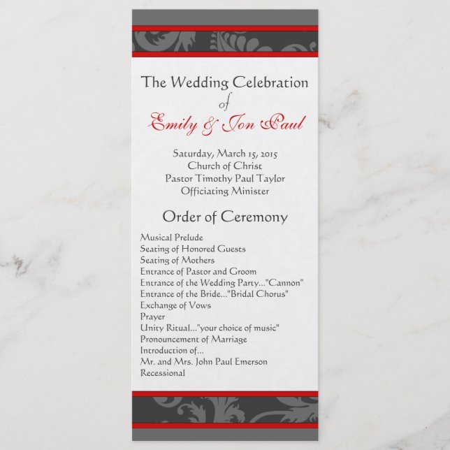 Red Grey 9x4 Damask Swirl Wedding  Programme (Front)