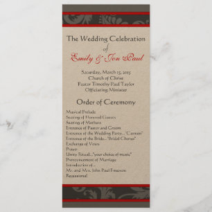 Red Grey 9x4 Damask Swirl Wedding  Programme
