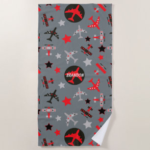 Red Grey Aeroplanes Pattern Personalised Beach Towel