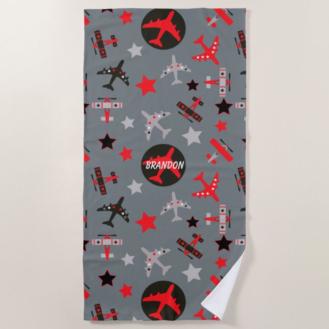 Red Grey Aeroplanes Pattern Personalised Beach Towel (Front)