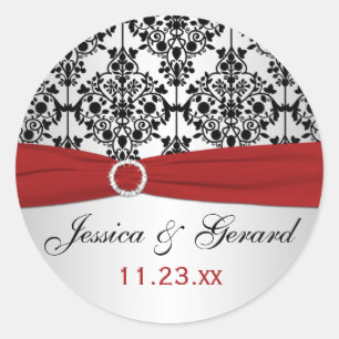 Red, Grey, and Black Damask Wedding Favour Sticker
