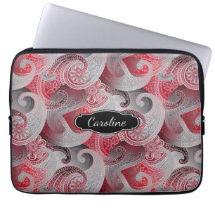 Red Grey and Black Paisley Pattern with Monogram Laptop Sleeve