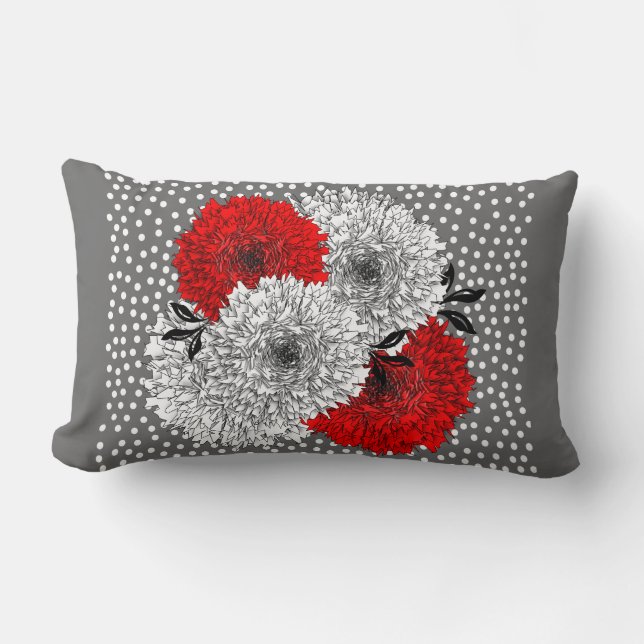 Red Grey And White Floral Polka Dot Mix Design Lumbar Cushion (Front)