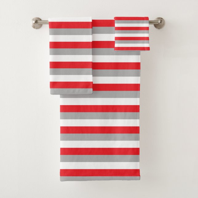 Red, Grey and White Stripes Bath Towel Set (Insitu)