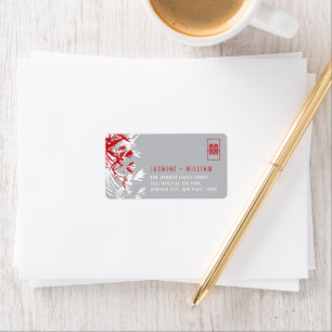 Red & Grey Bamboo Leaves Chinese Wedding Address L Label