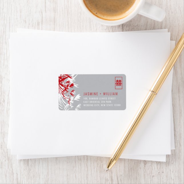 Red & Grey Bamboo Leaves Chinese Wedding Address L Label (Insitu)