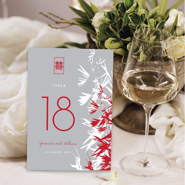Red & Grey Bamboo Leaves Double Happiness Wedding Table Number (Creator Uploaded)