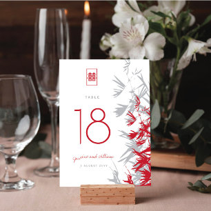 Red & Grey Bamboo Leaves Double Happiness Wedding Table Number