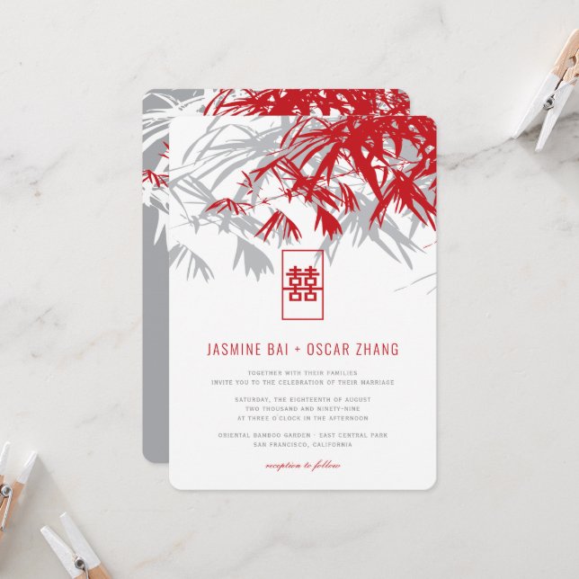 Red Grey Bamboo Leaves Double Xi Chinese Wedding  Invitation (Front/Back In Situ)