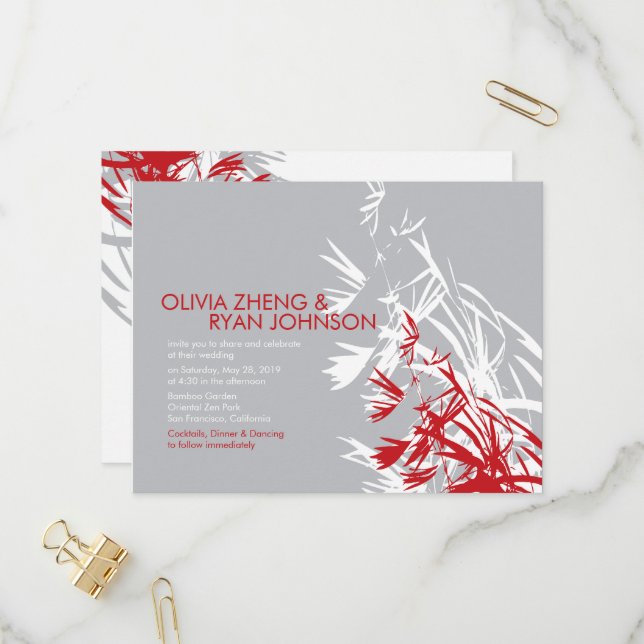 Red & Grey Bamboo Leaves Modern Zen Asian Wedding Invitation Postcard (Front/Back In Situ)