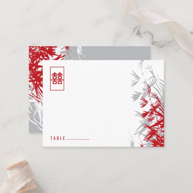 Red & Grey Bamboo Leaves Modern Zen Asian Wedding Place Card (Front/Back In Situ)