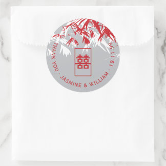 Red & Grey Bamboo Leaves Shuang Xi Chinese Wedding Classic Round Sticker