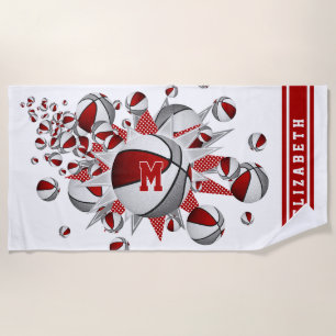 red grey basketballs stars girls monogrammed beach towel