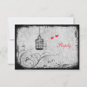 Red, Grey Birdcage Lovebirds Reply Card