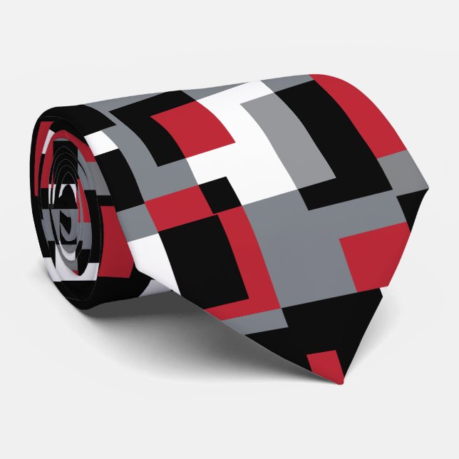 Red, Grey, Black and White Abstract Pattern Tie (Rolled)