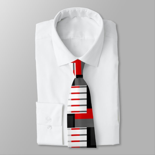 Red Grey Black and White Striped Colour Block Tie (Tied)