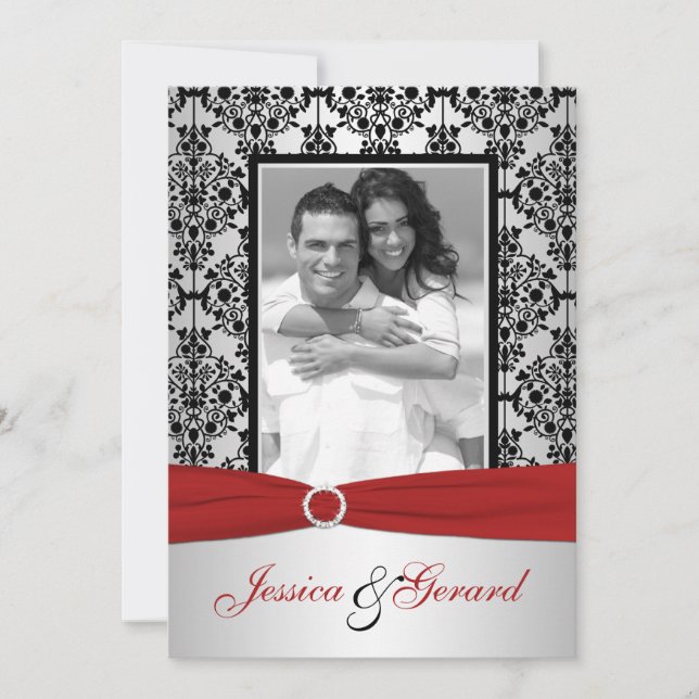 Red, Grey, & Black Damask Photo Wedding Invite (Front)