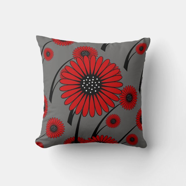 Red Grey Black Floral Flowers Cushion (Front)