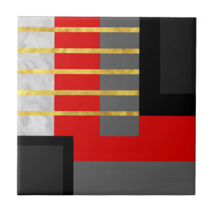 Red Grey Black Gold Geometric Block Tile