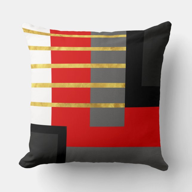 Red Grey Black Gold White Striped Block Throw Pill Cushion (Front)