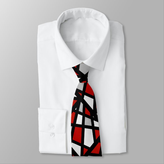 Red Grey Black White Abstract Geometric Tie (Tied)