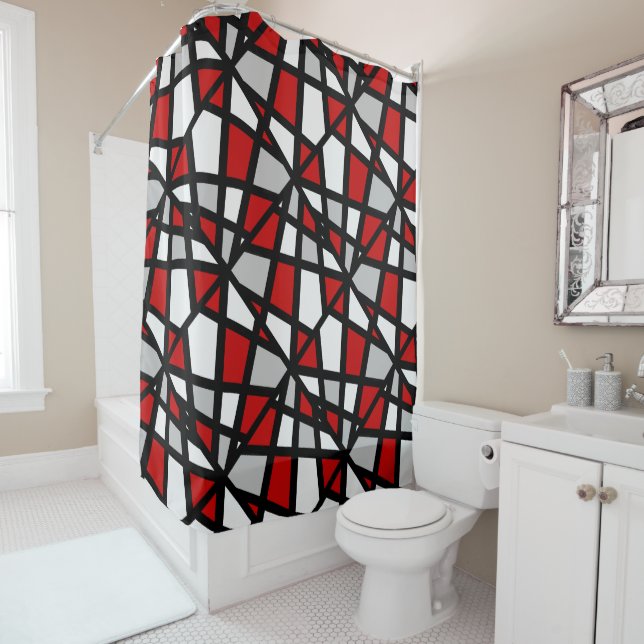Red Grey Black White Geometric Shower Curtain (In Situ)