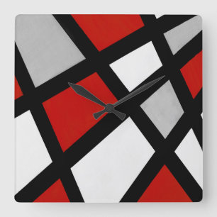 Red grey Black White Geometric Square Wall Clock