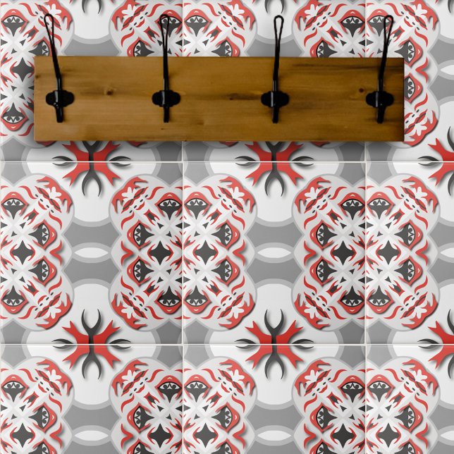 Red Grey Black White Tribal Abstract Kaleidoscope Tile (Creator Uploaded)