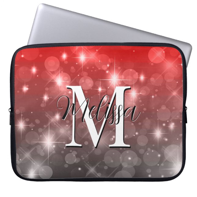 Red & Grey Bokeh Modern Monogram Sparkle Laptop Sleeve (Front)