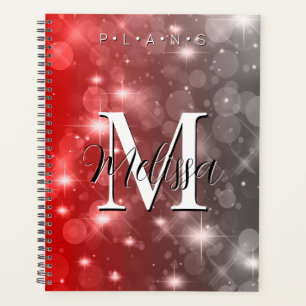 Red & Grey Bokeh Modern Monogram Sparkle Planner