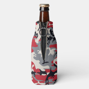 Red Grey Camo Camouflage Pattern Bottle Cooler