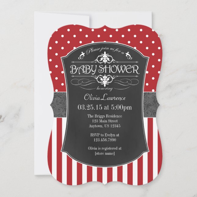 Red Grey Chalkboard Stripes Baby Shower Invite (Front)