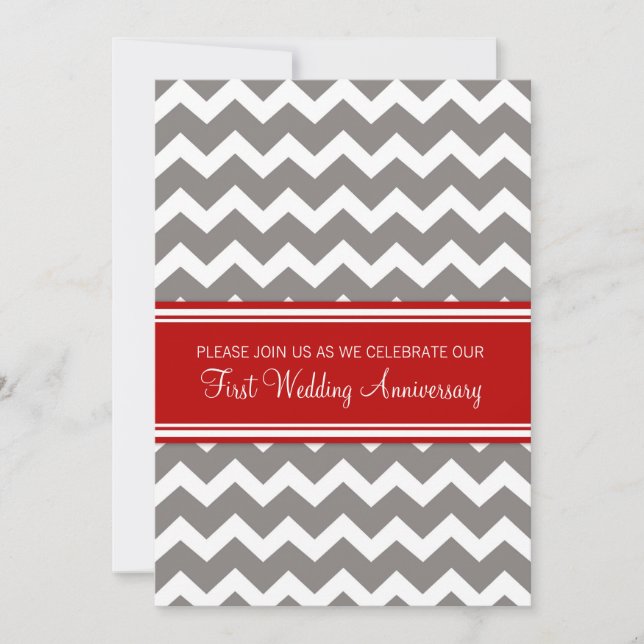 Red Grey Chevron 1st Anniversary Invitation (Front)