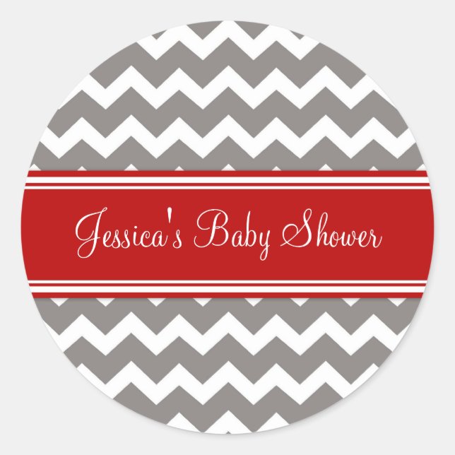 Red Grey Chevron Baby Shower Favour Stickers (Front)