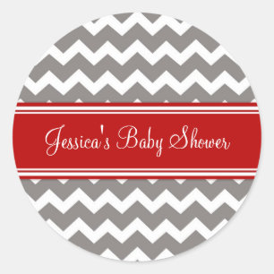Red Grey Chevron Baby Shower Favour Stickers
