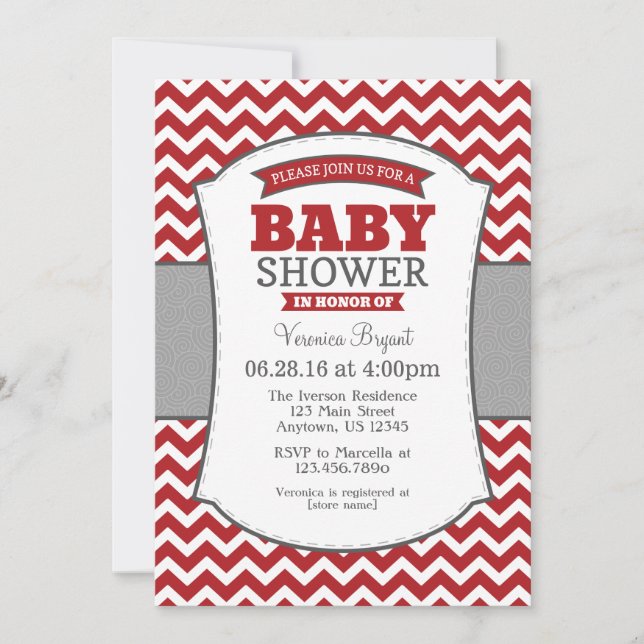 Red Grey Chevron Baby Shower Invitation (Front)
