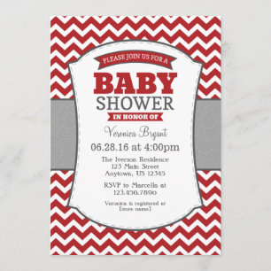 Red Grey Chevron Baby Shower Invitation