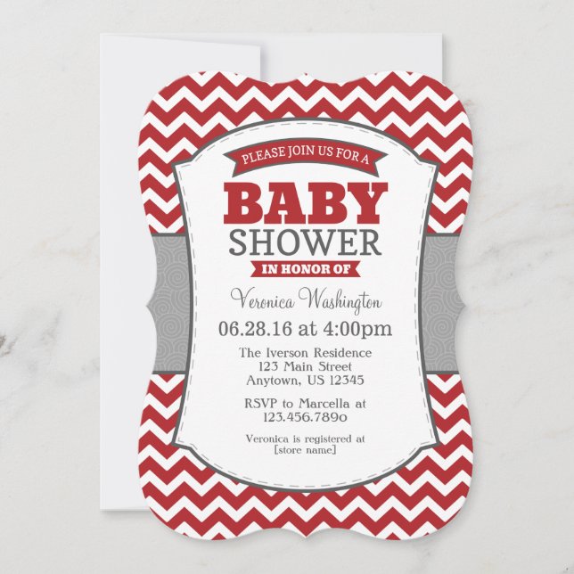 Red Grey Chevron Baby Shower Invitation (Front)