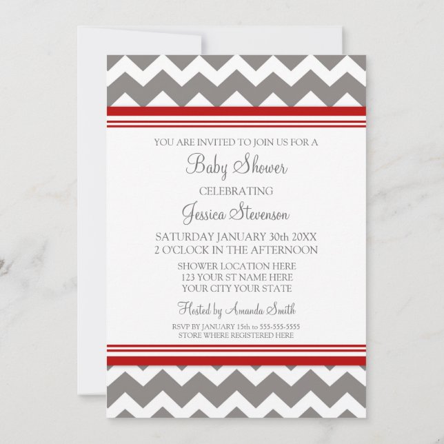 Red Grey Chevron Custom Baby Shower Invitations (Back)