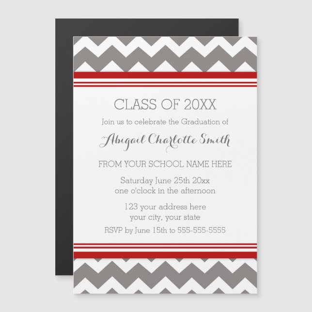 Red Grey Chevron Graduation Party Magnetic Card (Front/Back)