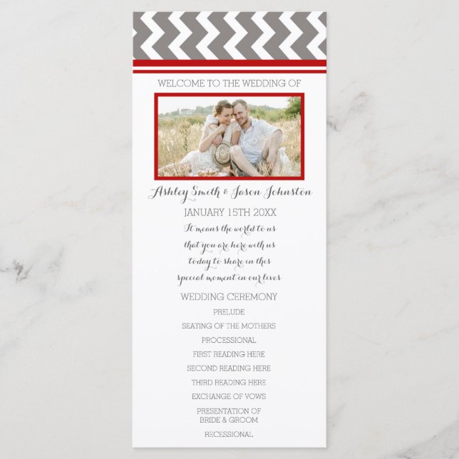 Red Grey Chevron Photo Wedding Program Programme (Front)