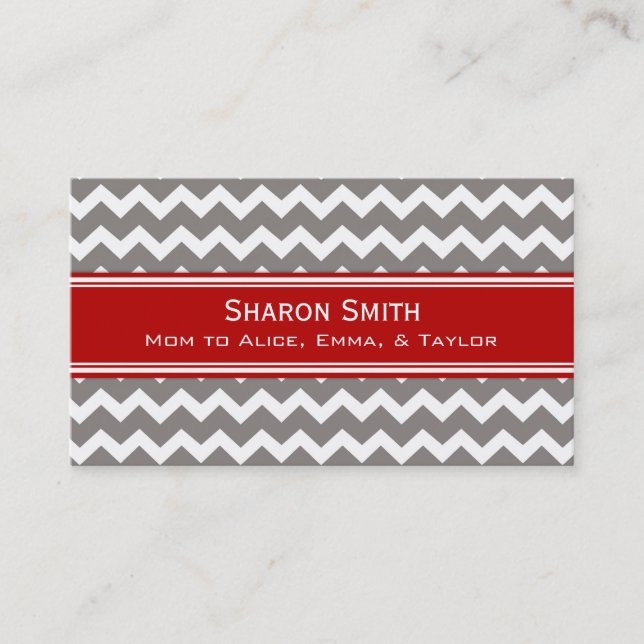Red Grey Chevron Retro Mum Calling Cards (Front)