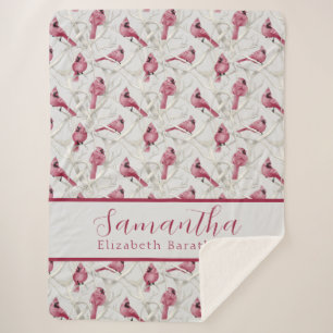 Red Grey Christmas Cardinal Bird Personalised Name Sherpa Blanket