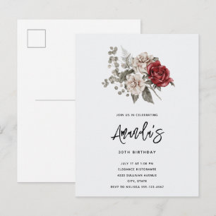  Red Grey & Cream Boho Flower Bouquet Birthday Invitation Postcard