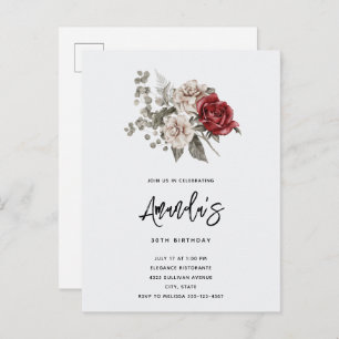  Red Grey & Cream Boho Flower Bouquet Birthday Invitation Postcard