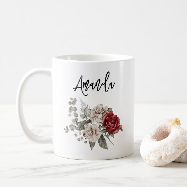 Red Grey & Cream Boho Flower Bouquet Coffee Mug (With Donut)